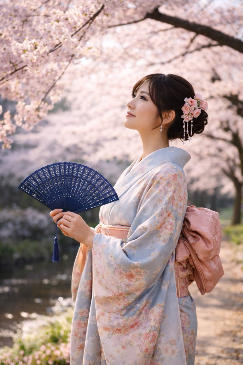 Aiko standing beneath cherry blossoms in a pale kimono, holding a blue Japanese fan